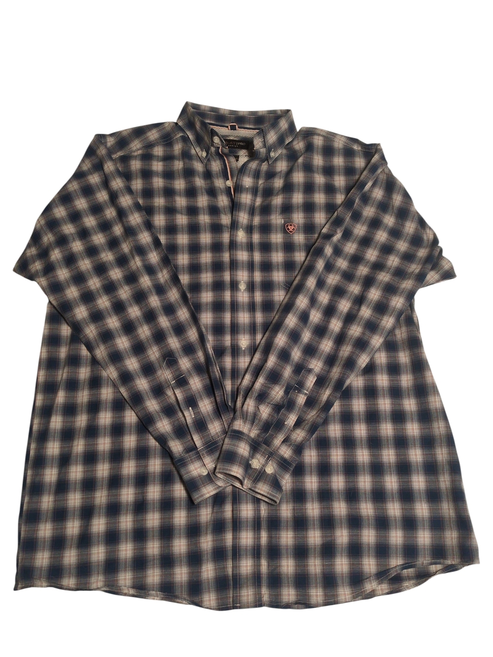 Ariat Pro Series Men's L Blue/White Plaid Long Sleeve Button-Up Pocket